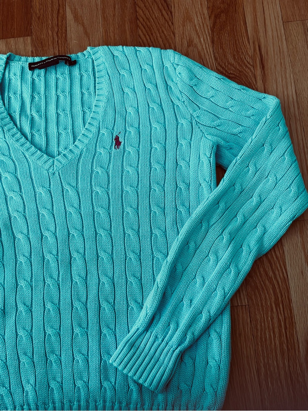 Polo by Ralph Lauren V-Neck Cable Sweater - Aqua Blue - Picture 5 of 12